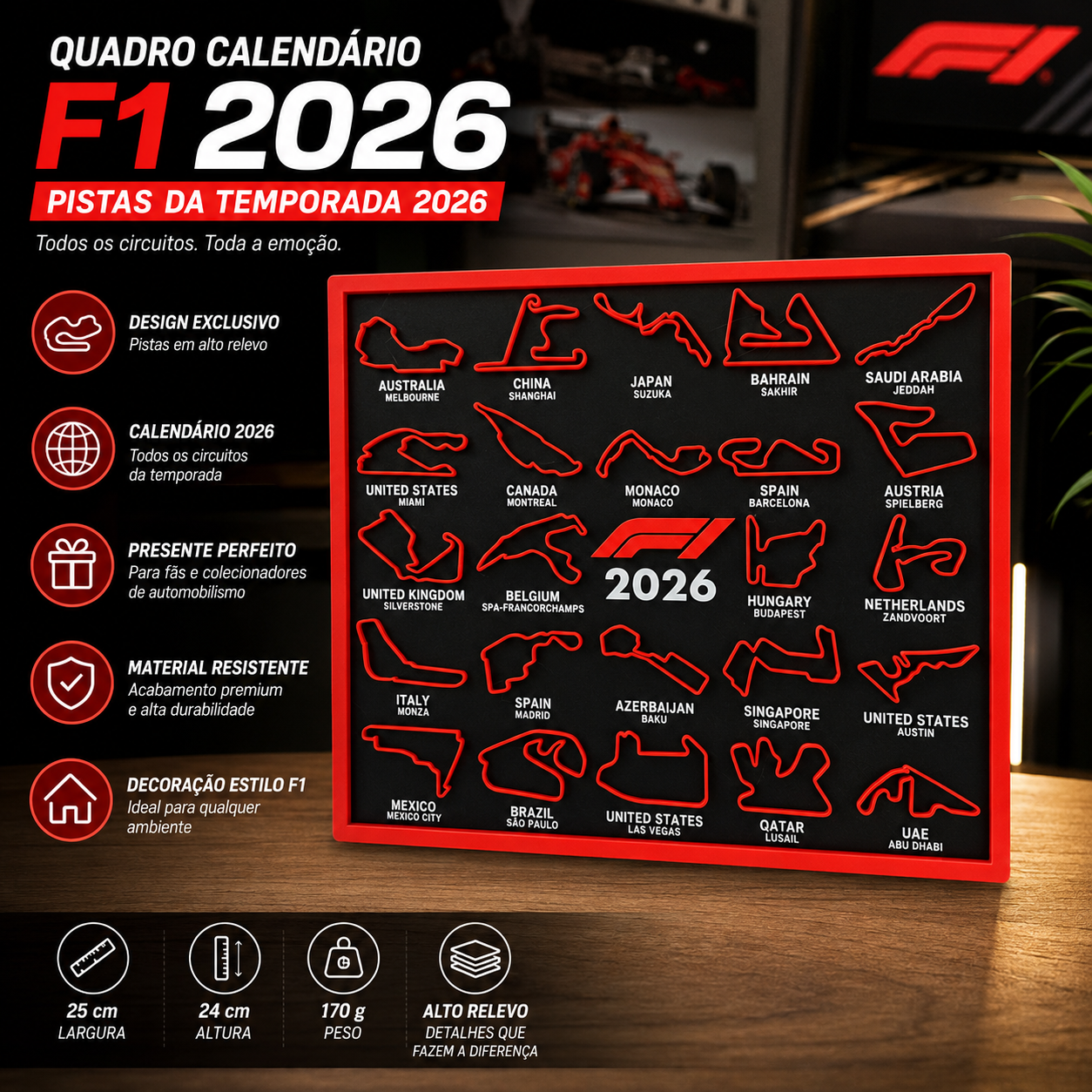 Quadro Calendário F1 2026 – Pistas dos Grandes Prêmios | Decoração para Fãs de Automobilismo